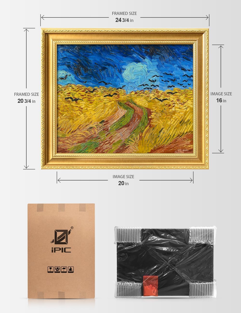 IPIC - Vincent Van Gogh's Wheat Field with Crows. Classic World Art Reproduction. Giclee Prints on Acid Free Cotton Canvas with Solid Wood Frame, Total size: W 24.8' x H 20.8'