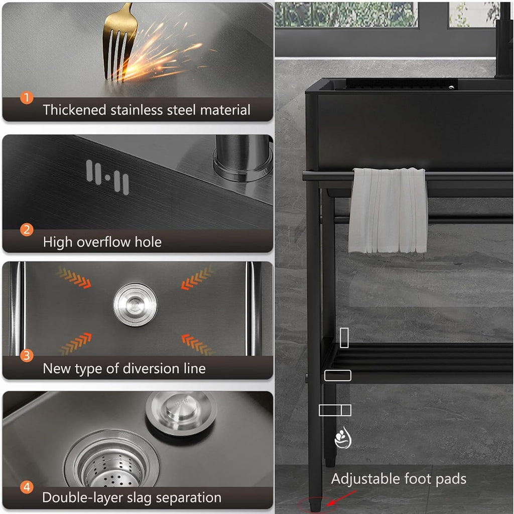 Utility Sink with Cabinet, Freestanding Stainless Steel Single Bowl Kitchenette Sink,Prep Laundry Tub, for Garage, Outdoor, Kitchen, Commercial, Workshop, Pet Wash Station, Includes Faucet, Black (Si