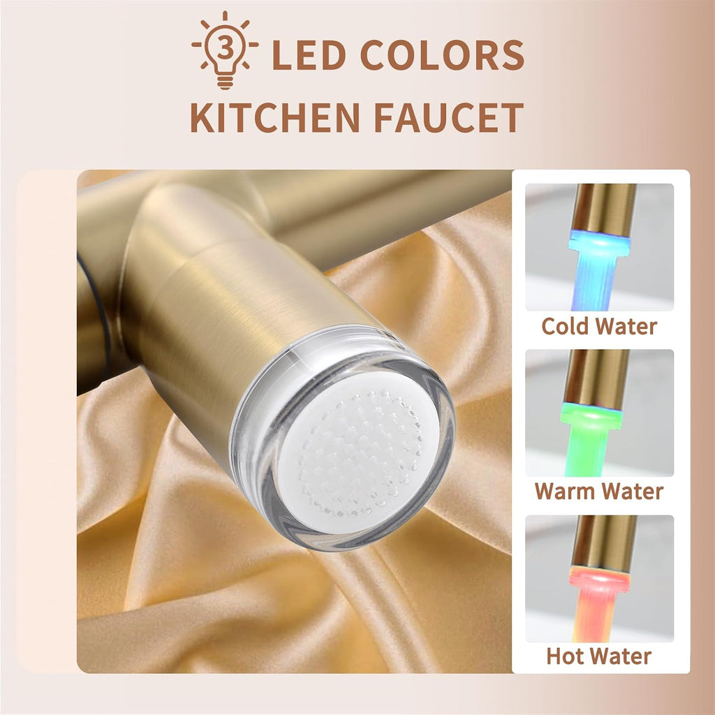 Fapully LED Kitchen Faucet with Pull Down Sprayer,Brushed Gold Commercial Kitchen Sink Faucet with Deck Plate