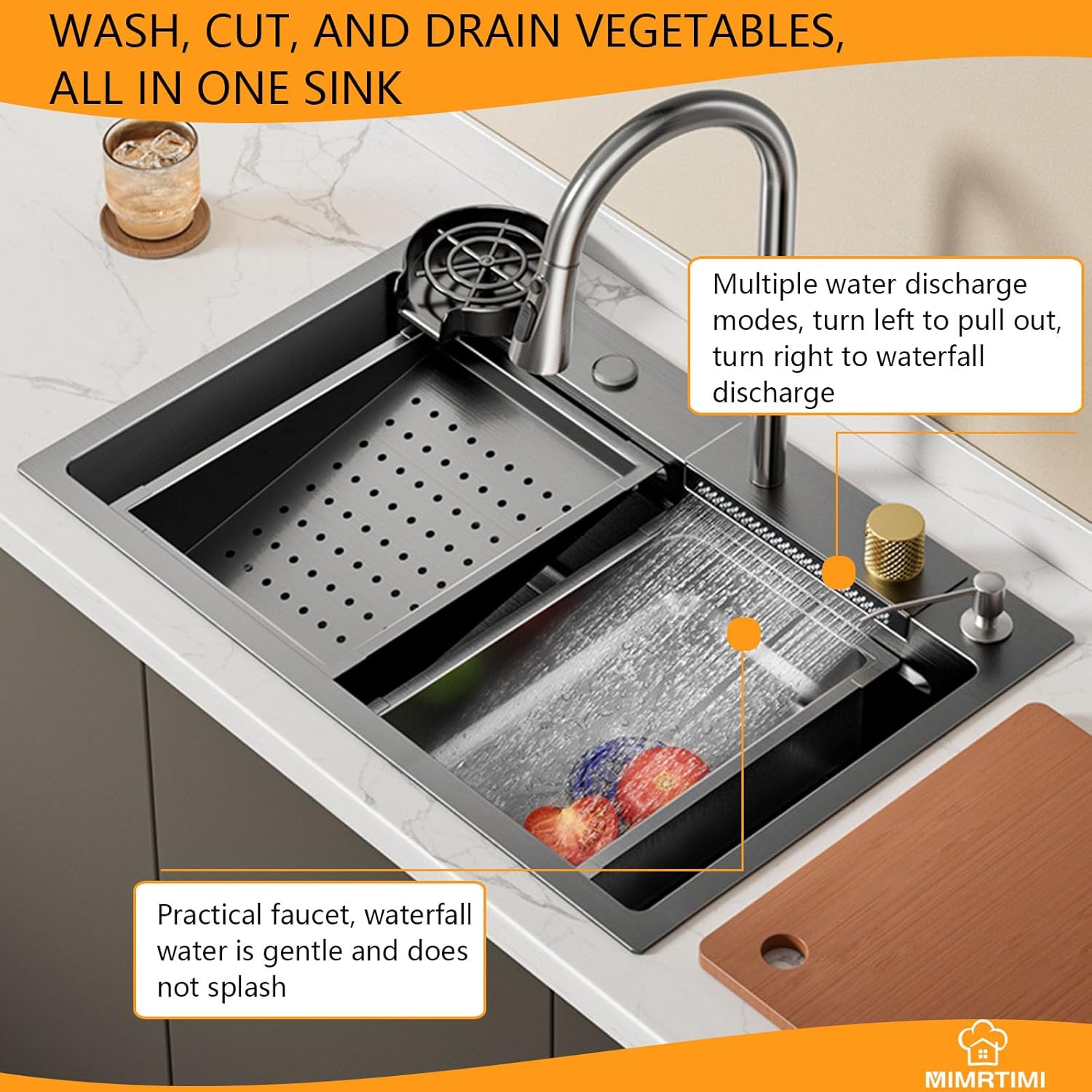 Waterfall kitchen sink 34X20' black Undermount Kitchen Sink with Pull-Out Faucet Stainless Steel Drop In Kitchen Sink Single Bowl with Accessories