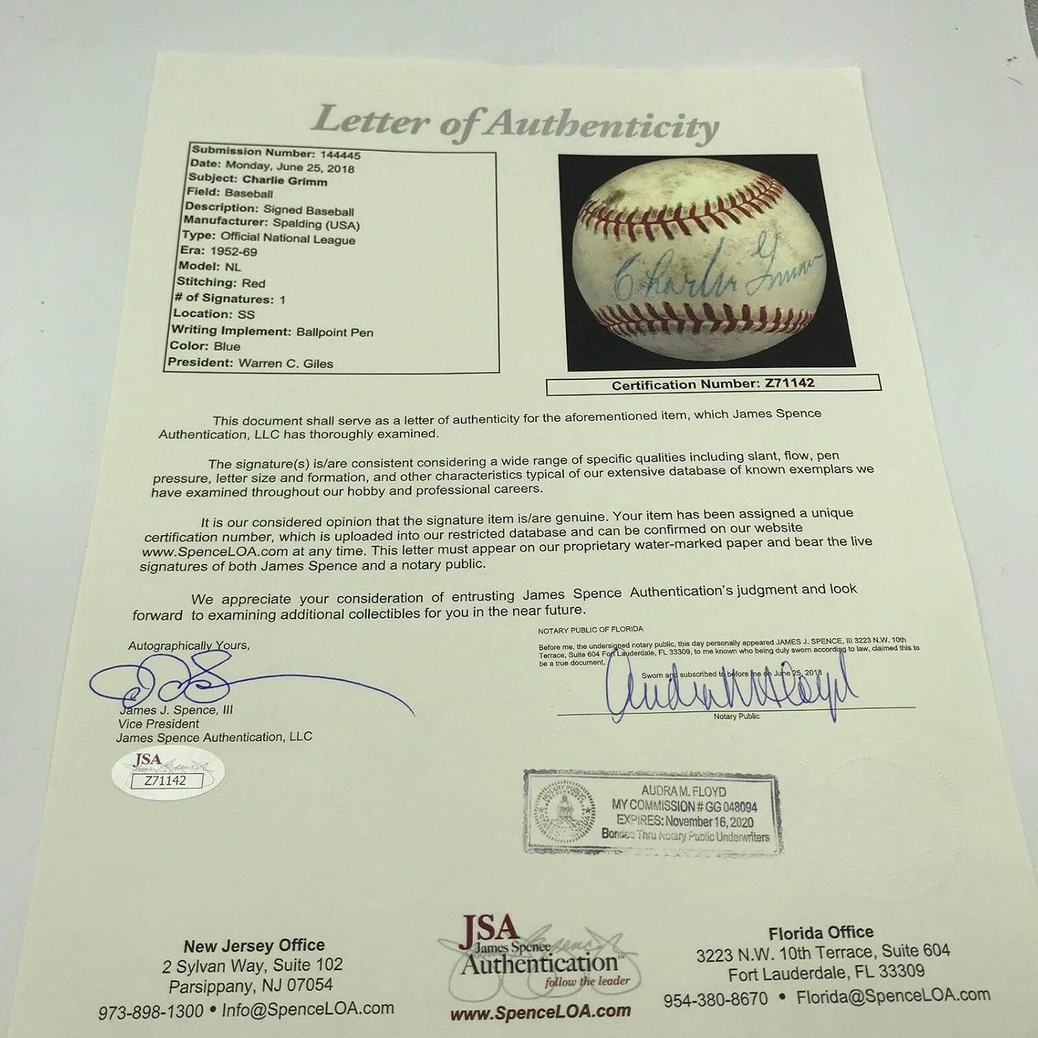 1950's Charlie Grimm Single Signed Game Used NL Baseball Chicago Cubs JSA COA - MLB Game Used Baseballs