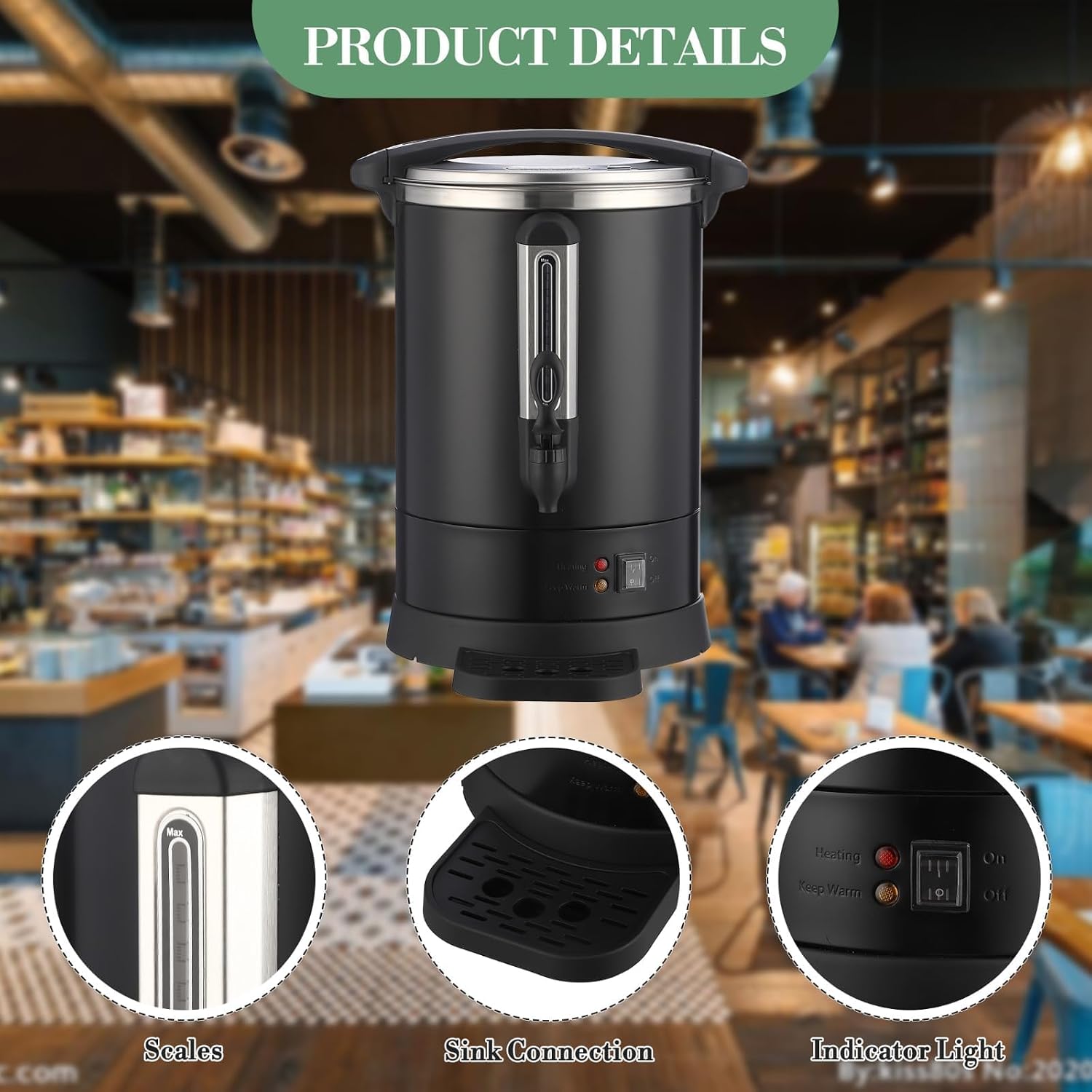 Towallmark Commercial Stainless Steel Coffee Urn 120 Cup, 18L Hot Water Dispenser with Percolator System, Two-Way Faucets for Large Events, Metallic Black Beverage Server
