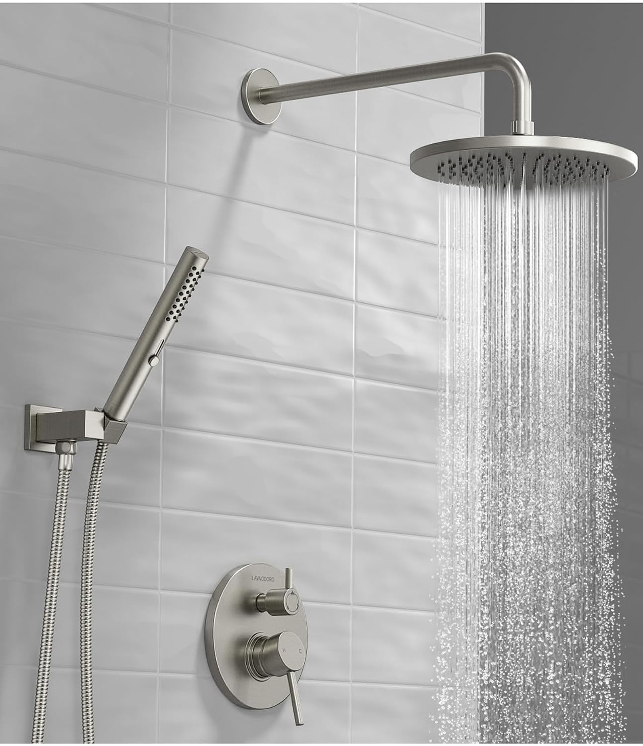 Lava Odoro Modern 2-Setting Round Rain Shower System, Brushed Nickel Rainfall Shower Faucet Set Rain Shower Head and Handle Set, Shower Valve Trim Kit,10 Inch, Brushed Stainless, SF104-BN
