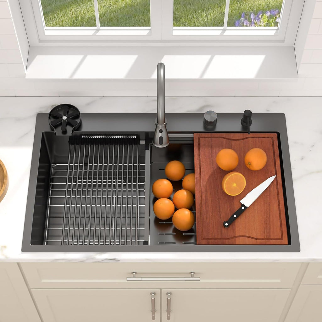 Dcolora 36 Inch Waterfall Kitchen Sink Black Drop In Smart Sink with Faucet Combo Multifuctional Topmount Large Workstation Stainless Steel, DC-SFDOE00023