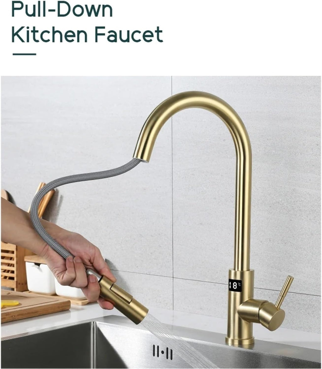 Kitchen Faucet Tap Hot Cold Water Digital Temperature Display Faucet 304 Stainless Steel Pull Down Taps(Gray)