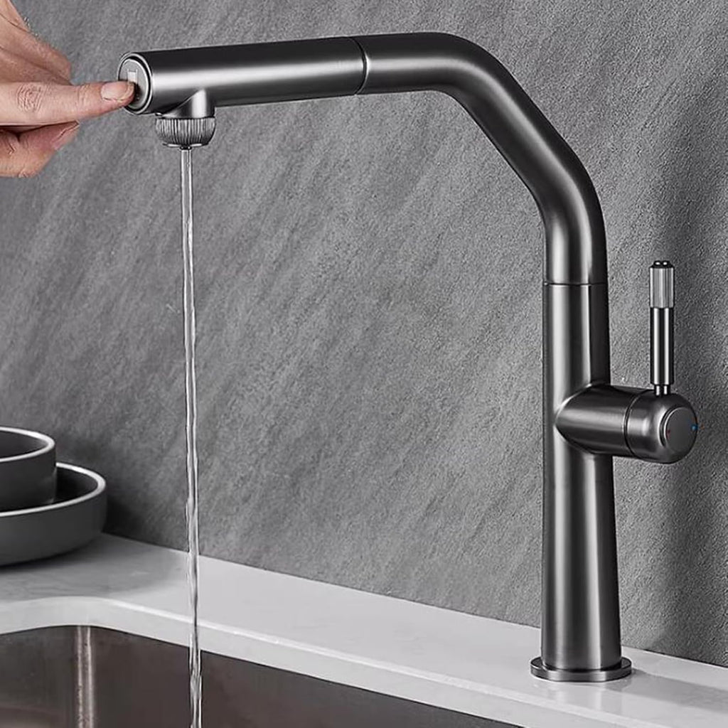 3 Way Pull Out Kitchen Faucet Brass 360° Swivel Single Handle 3 Way Filter Faucet for Kitchen Sink-Grey