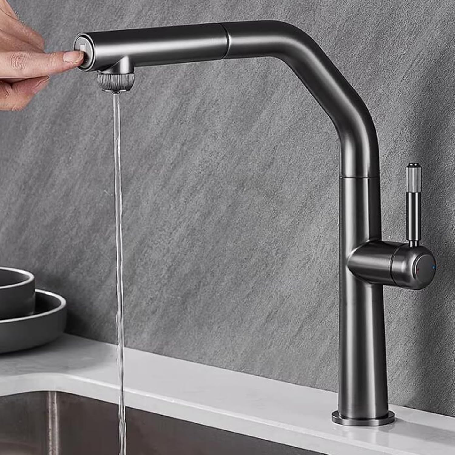 3 Way Pull Out Kitchen Faucet Brass 360° Swivel Single Handle 3 Way Filter Faucet for Kitchen Sink-Grey