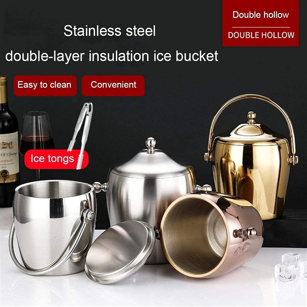 Ice Bucket,Ice Bucket,Stainless Steel Insulated Double Wall Bar Set Included Lid Great for Home Bar Chilling Beer Champagne and Wine 2L
