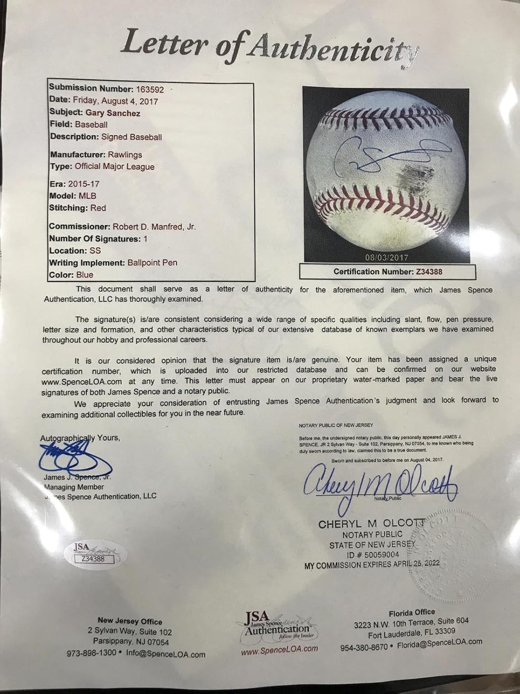 Gary Sanchez Signed Game Used Ball 1st Game 2016 Rookie Year ! 1/1 Sanchez Jsa - MLB Autographed Game Used Baseballs