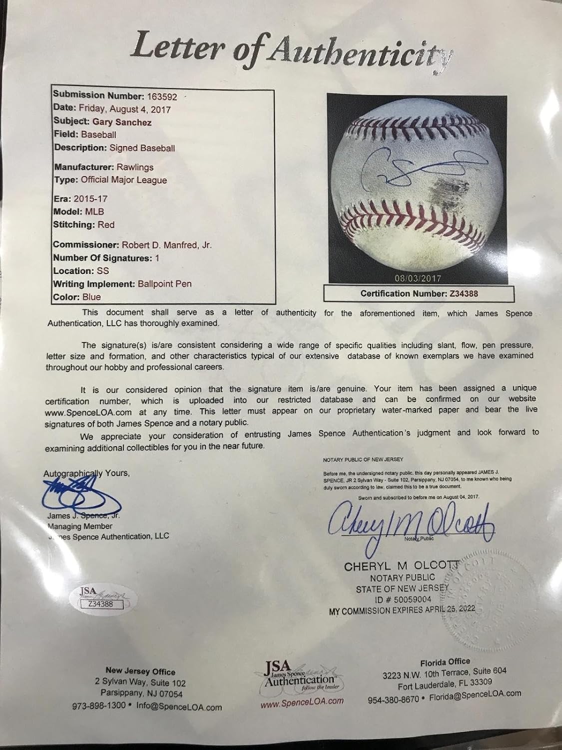 Gary Sanchez Signed Game Used Ball 1st Game 2016 Rookie Year ! 1/1 Sanchez Jsa - MLB Autographed Game Used Baseballs