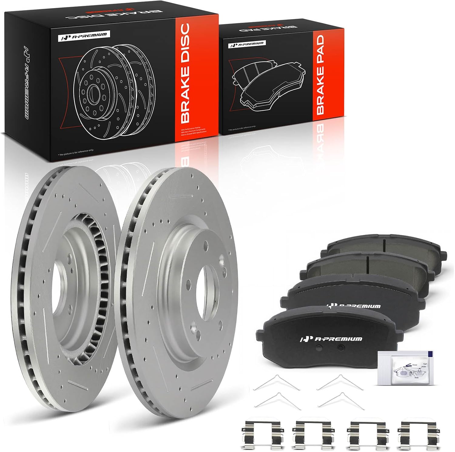 A-Premium 12.00 inch (305mm) Front Drilled and Slotted Disc Brake Rotors + Ceramic Pads Kit Compatible with Select Hyundai and Kia Models - Sonata 2015-2019, Kona Electric, Optima, Niro EV, 6-PC Set