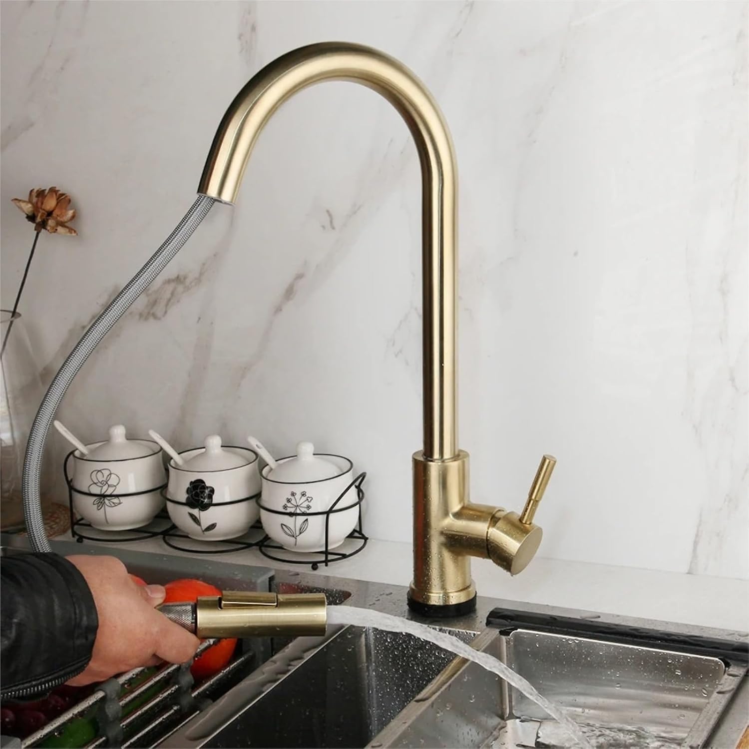 Pull Down Brushed Gold Touch Kitchen Faucet Smart Sensor Cold and Hot Mixer Water Tap