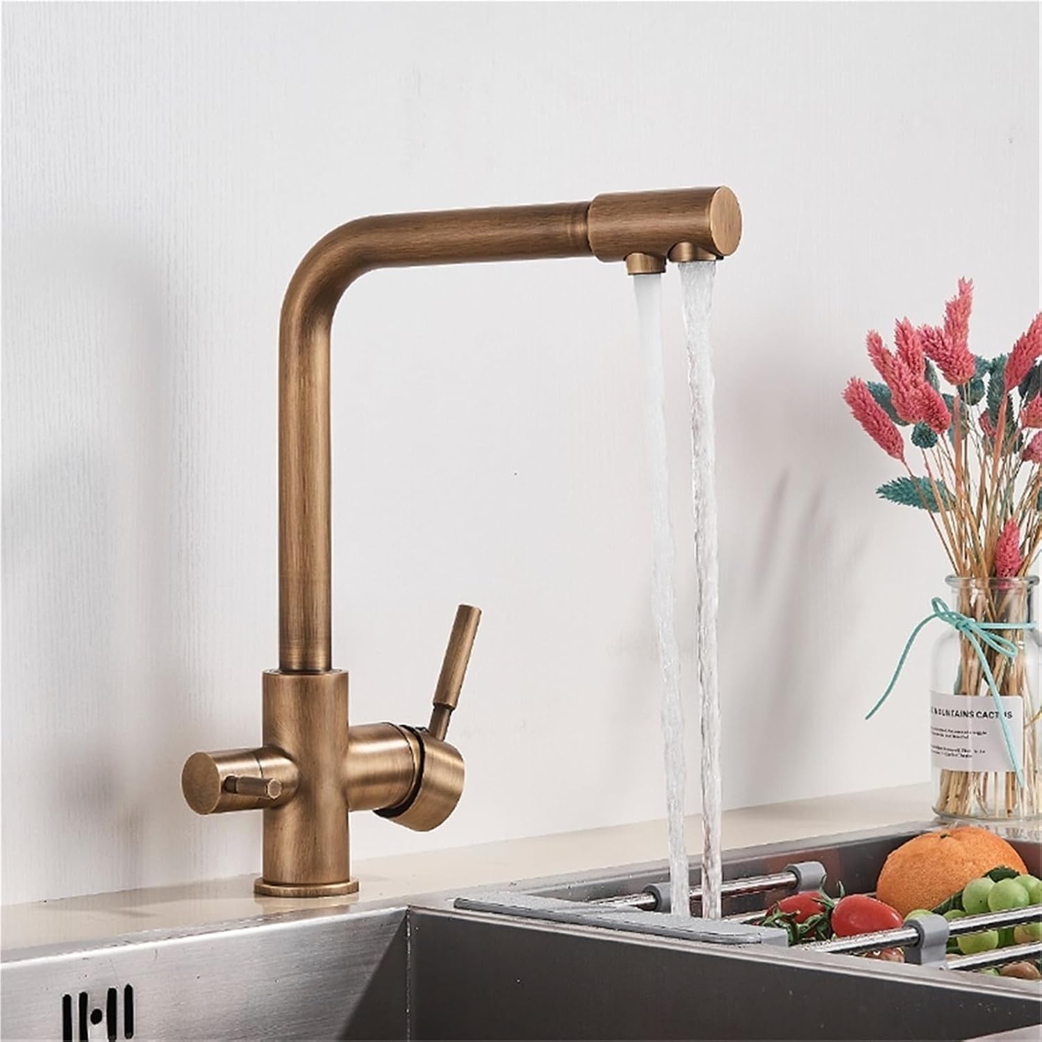 360° Rotating Deck-Mounted Filtered Pure Water Kitchen Faucet with Hot and Cold Water Mixer Tap(Antique Brass)
