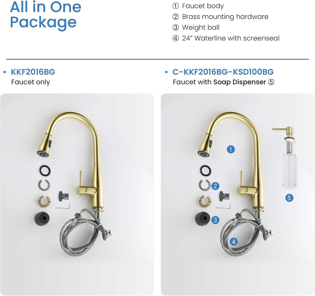 KIBI Bari-T Single Handle Pull Down Kitchen Faucet with High Arc Solid Brass Spout | 360-Degree Swivel, and Dual-Function Sprayer | Modern Pull Down Faucet for Kitchen Sink (Brushed Gold, KKF2016)