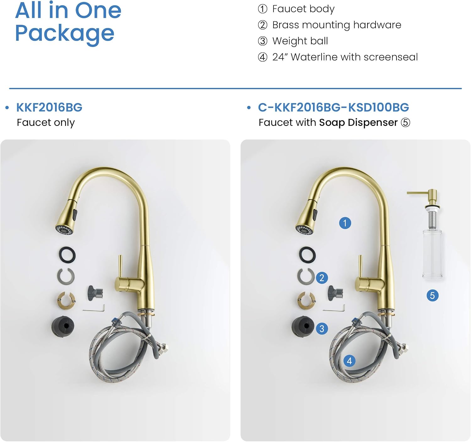 KIBI Bari-T Single Handle Pull Down Kitchen Faucet with High Arc Solid Brass Spout | 360-Degree Swivel, and Dual-Function Sprayer | Modern Pull Down Faucet for Kitchen Sink (Brushed Gold, KKF2016)