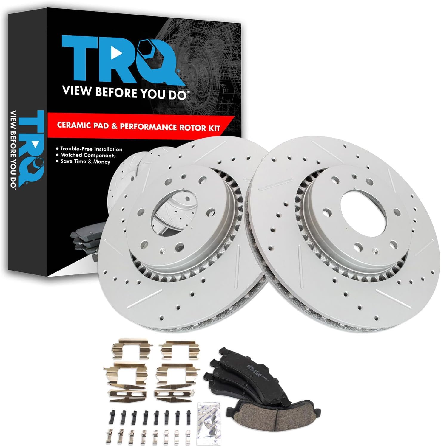 TRQ Performance Front Brake Pad & Rotor Set Ceramic Coated Drilled Solid Rotors Compatible with 02-05 Chevrolet Trailblazer 02-05 GMC Envoy 04-05 Buick Rainier 03-06 Isuzu Ascender 2005 Saab 9-7x