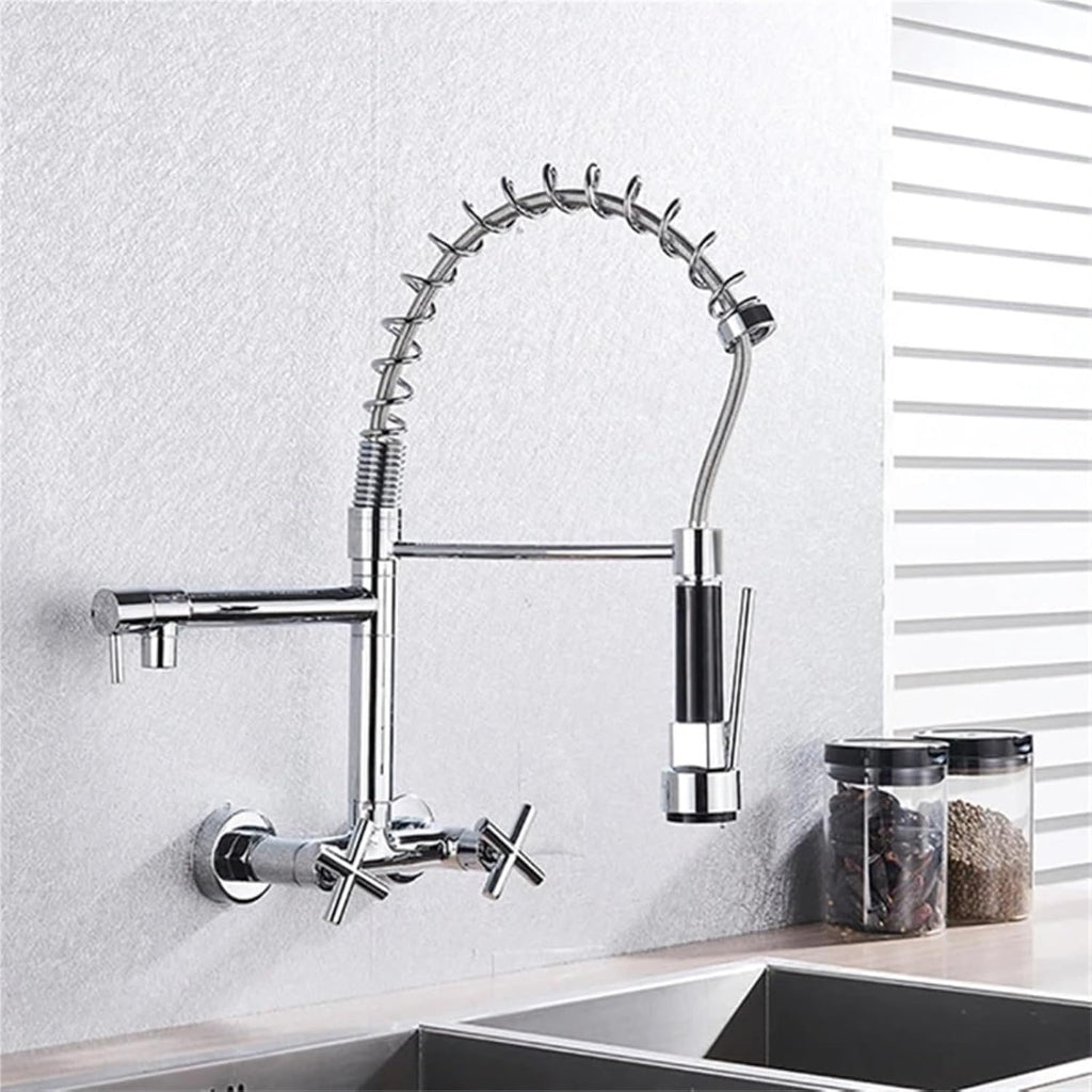 Wall Mounted Kitchen Faucet Hot Cold Water Mixer Tap Pull Down Spray 360 Rotation Kitchen Mixer Taps(Chrome)