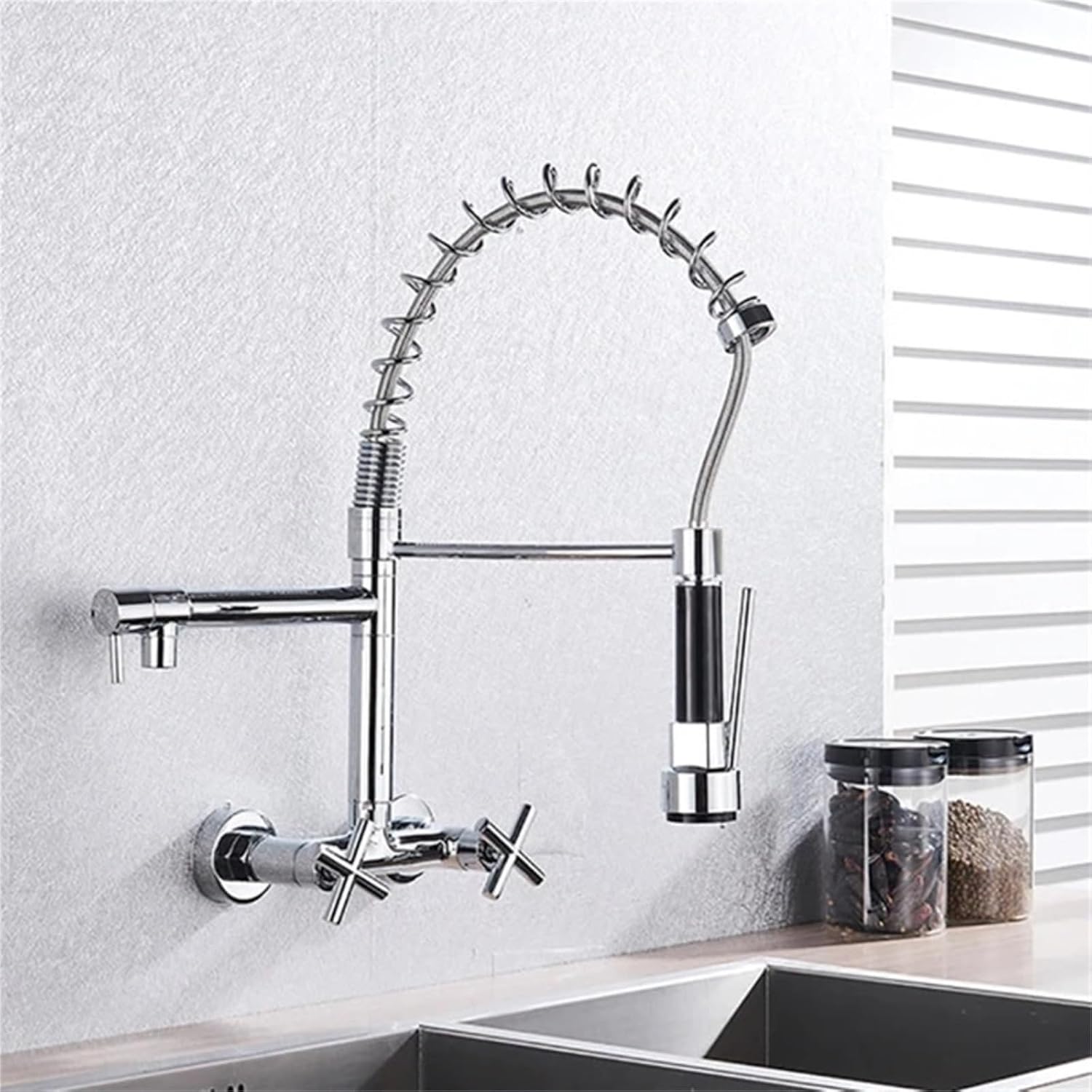 Wall Mounted Kitchen Faucet Hot Cold Water Mixer Tap Pull Down Spray 360 Rotation Kitchen Mixer Taps(Chrome)