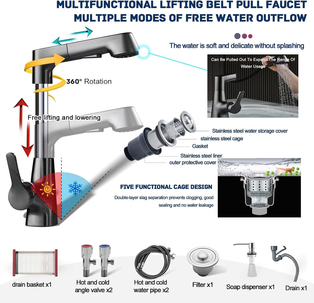 Stainless Steel Utility Sink Kitchen Sink and Cabinet, 31.4' Outdoor Sink Station, Single Bowl Kitchen Sink with Pull-Down Cold and Hot Water Faucet,Hoses and Drain Kit for Kitchens