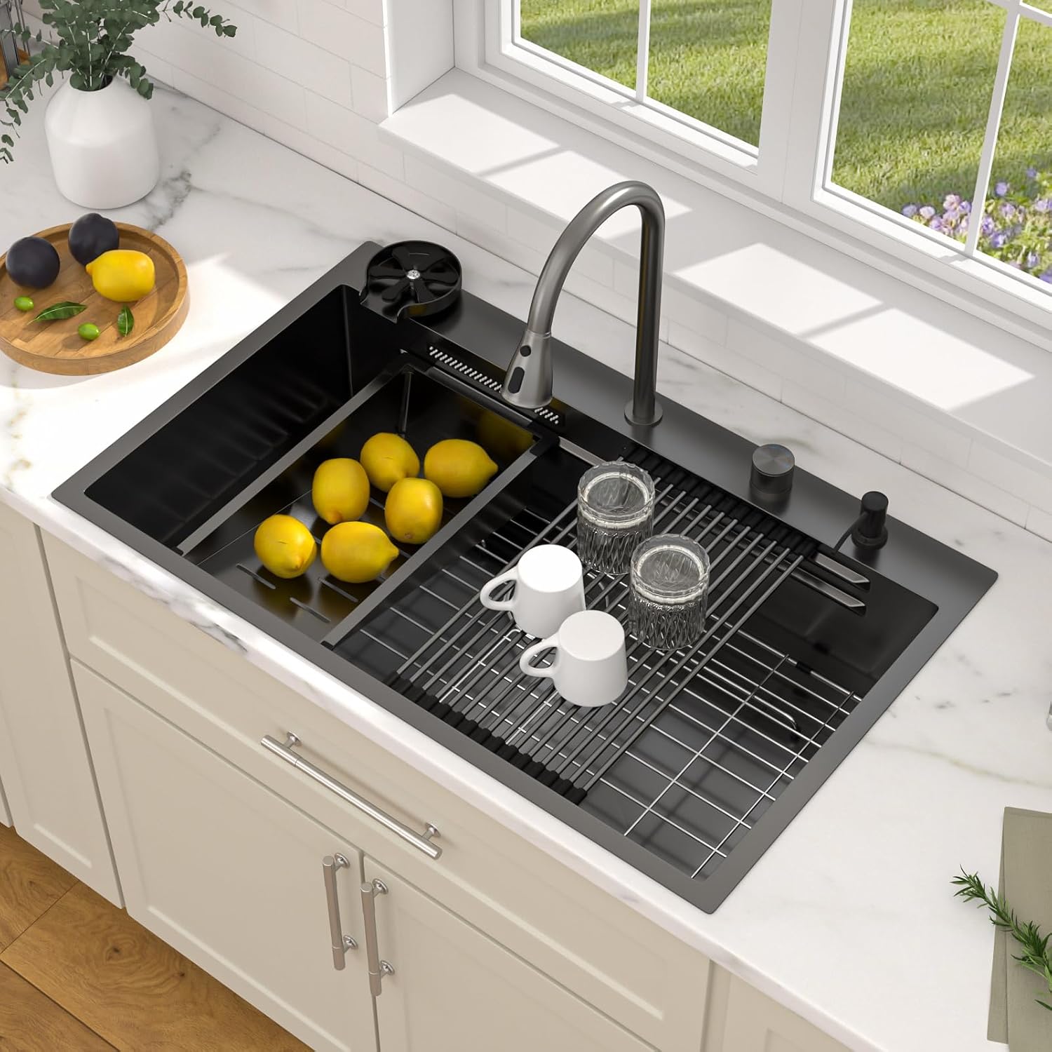 Dcolora 36 Inch Waterfall Kitchen Sink Black Drop In Smart Sink with Faucet Combo Multifuctional Topmount Large Workstation Stainless Steel, DC-SFDOE00023