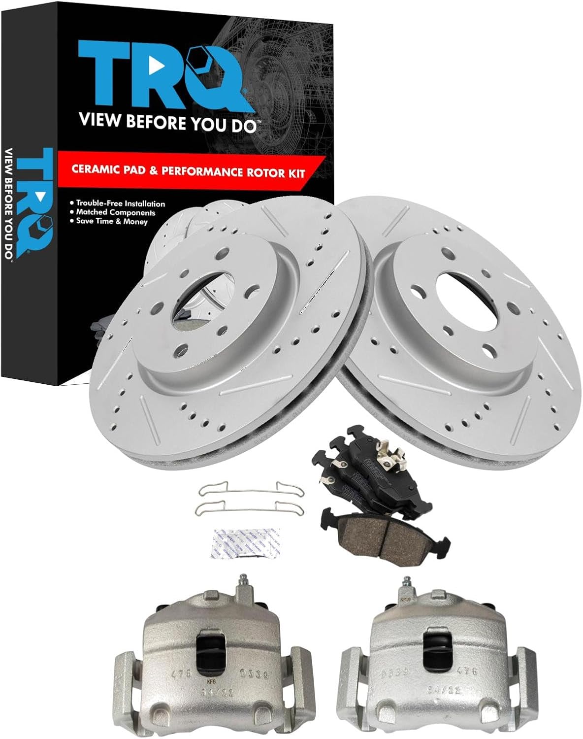 TRQ Performance Front Brake Pad and Rotor Set Ceramic Vented Coated Rotors Calipers Compatible with 2012-2017 Fiat 500