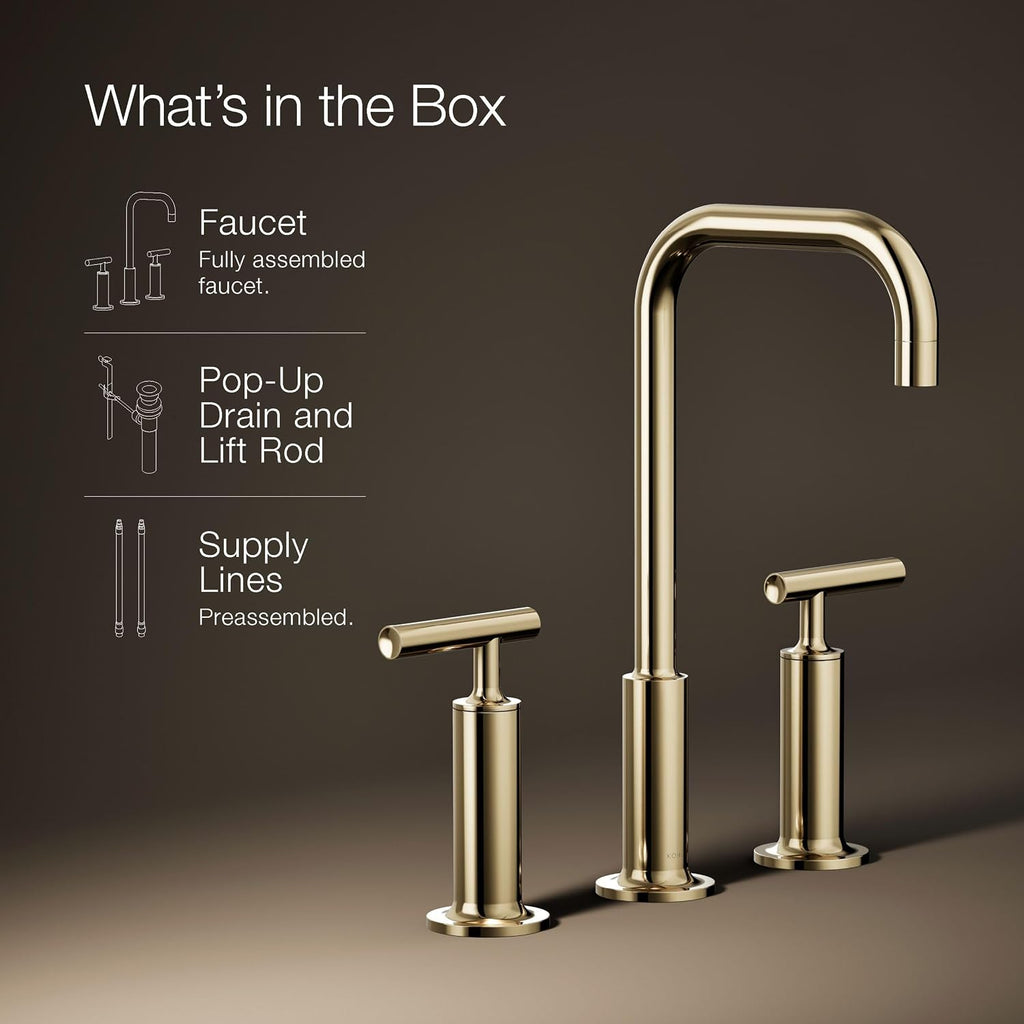 KOHLER K-14408-4-AF Purist® Widespread Bathroom Sink Faucet, 3-Hole, Widespread High Lever Handles and High Gooseneck Spout, 1.2 GPM, Vibrant French Gold
