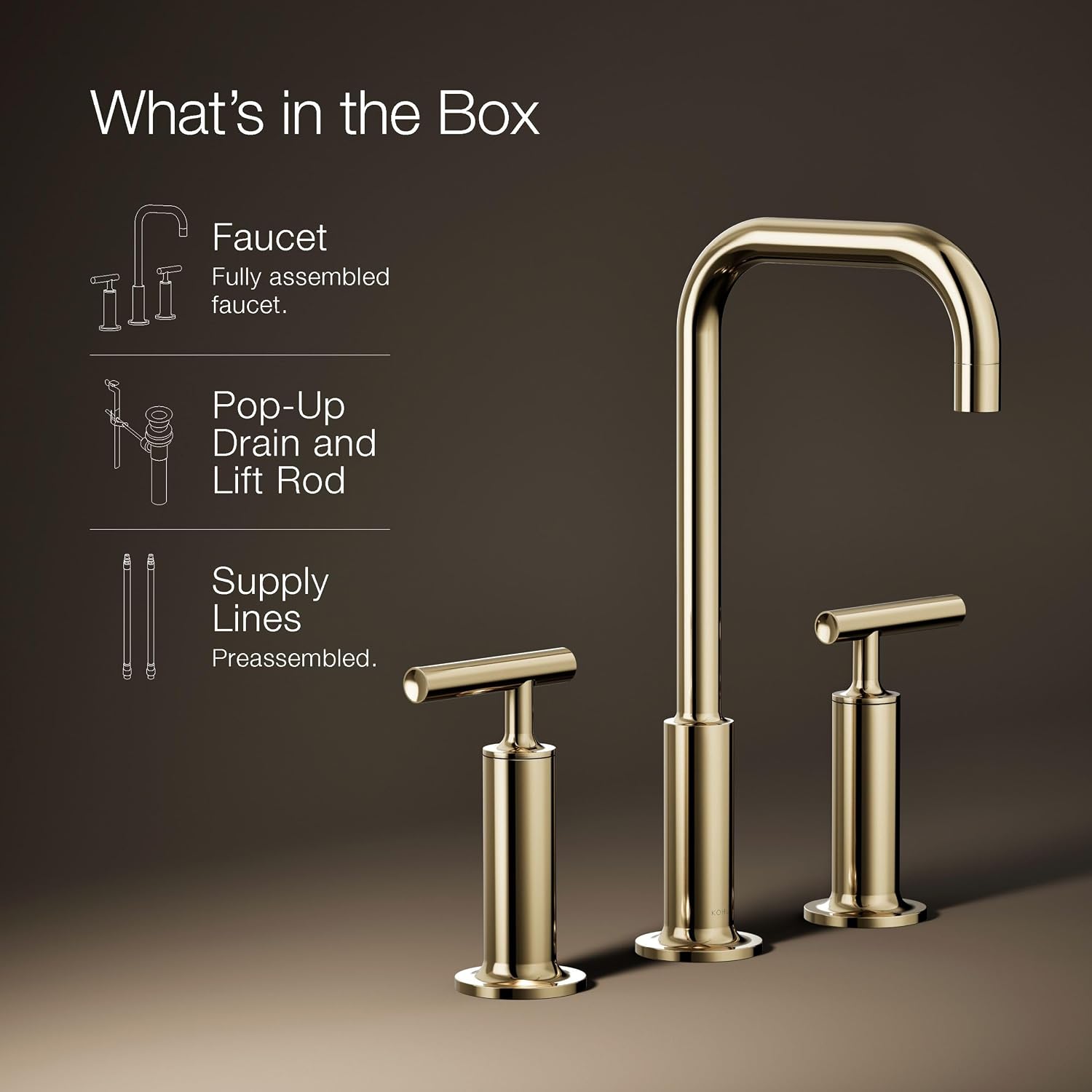 KOHLER K-14408-4-AF Purist® Widespread Bathroom Sink Faucet, 3-Hole, Widespread High Lever Handles and High Gooseneck Spout, 1.2 GPM, Vibrant French Gold