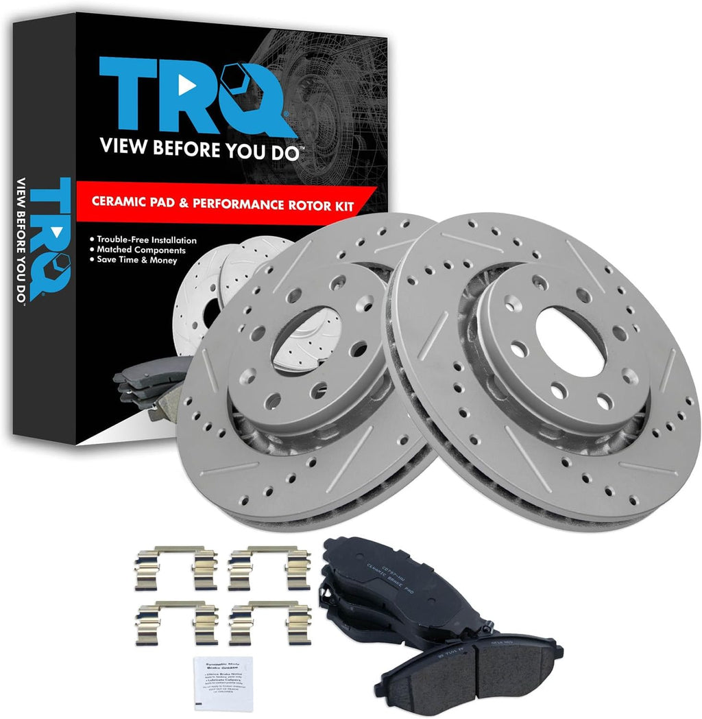 TRQ Performance Front Ceramic Brake Pad and Rotor Set Coated Drilled Slotted Compatible with 2004-2011 Chevrolet Aveo 2007-2011 Chevrolet Aveo5 2013-2015 Spark 2009 Pontiac G3