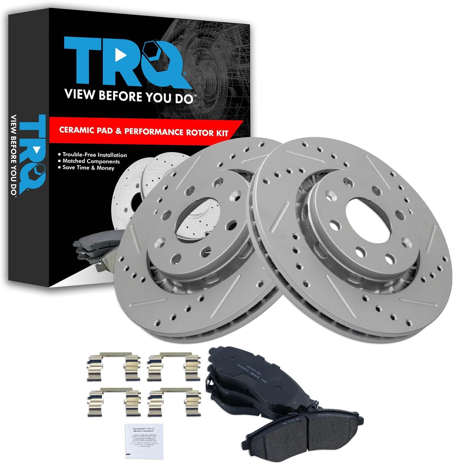 TRQ Performance Front Ceramic Brake Pad and Rotor Set Coated Drilled Slotted Compatible with 2004-2011 Chevrolet Aveo 2007-2011 Chevrolet Aveo5 2013-2015 Spark 2009 Pontiac G3