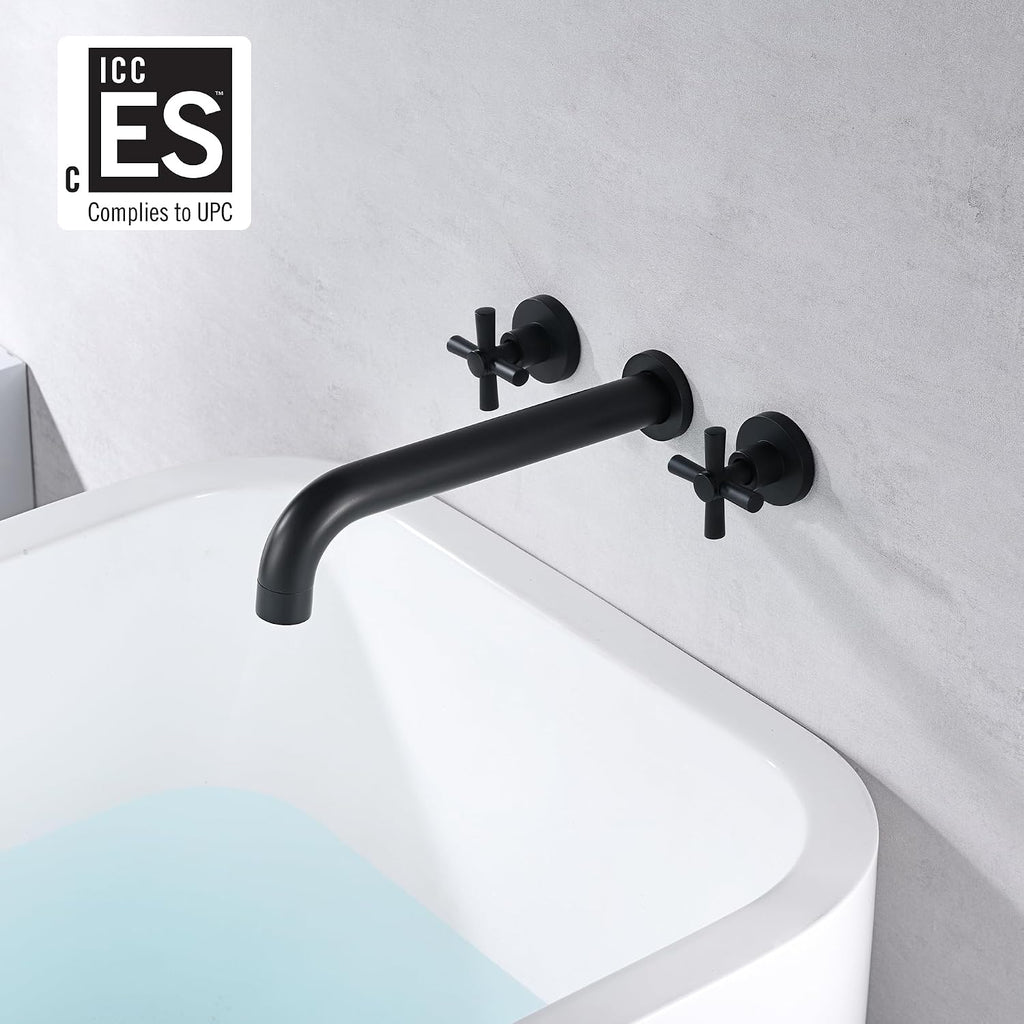 SUMERAIN Wall Mount Tub Filler Matte Black Bathtub Faucet High Flow Two Cross Handles with Rough in Valve, Extra Long Spout