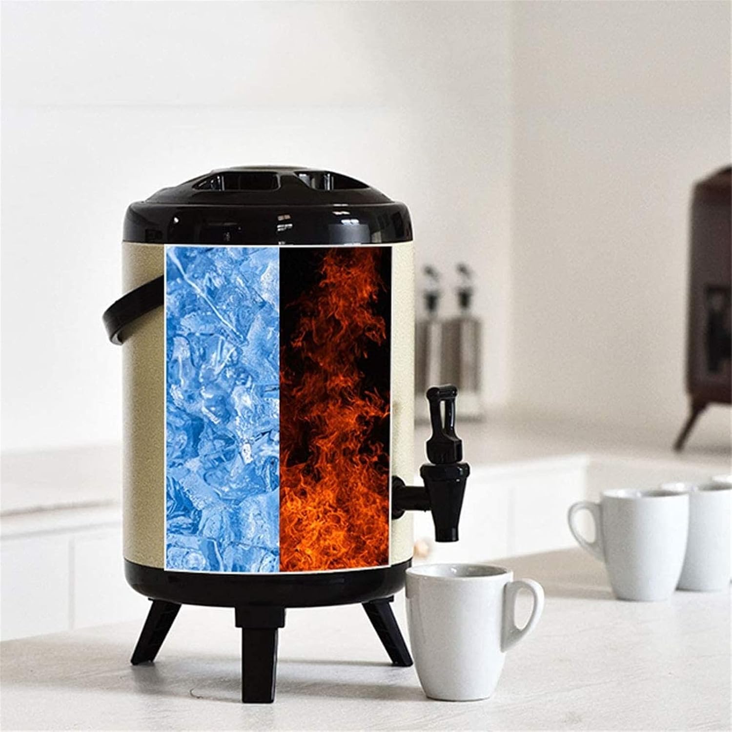 Milk Tea Bucket Insulated Barrel, 8L/10L/12L, Stainless Steel Hot & Cold Drinks Dispenser, Hot Water Kettle Dispenser with Faucet and Foldable Tripod, for Coffee, Tea, Water, Milk, etc (Yellow 10L)