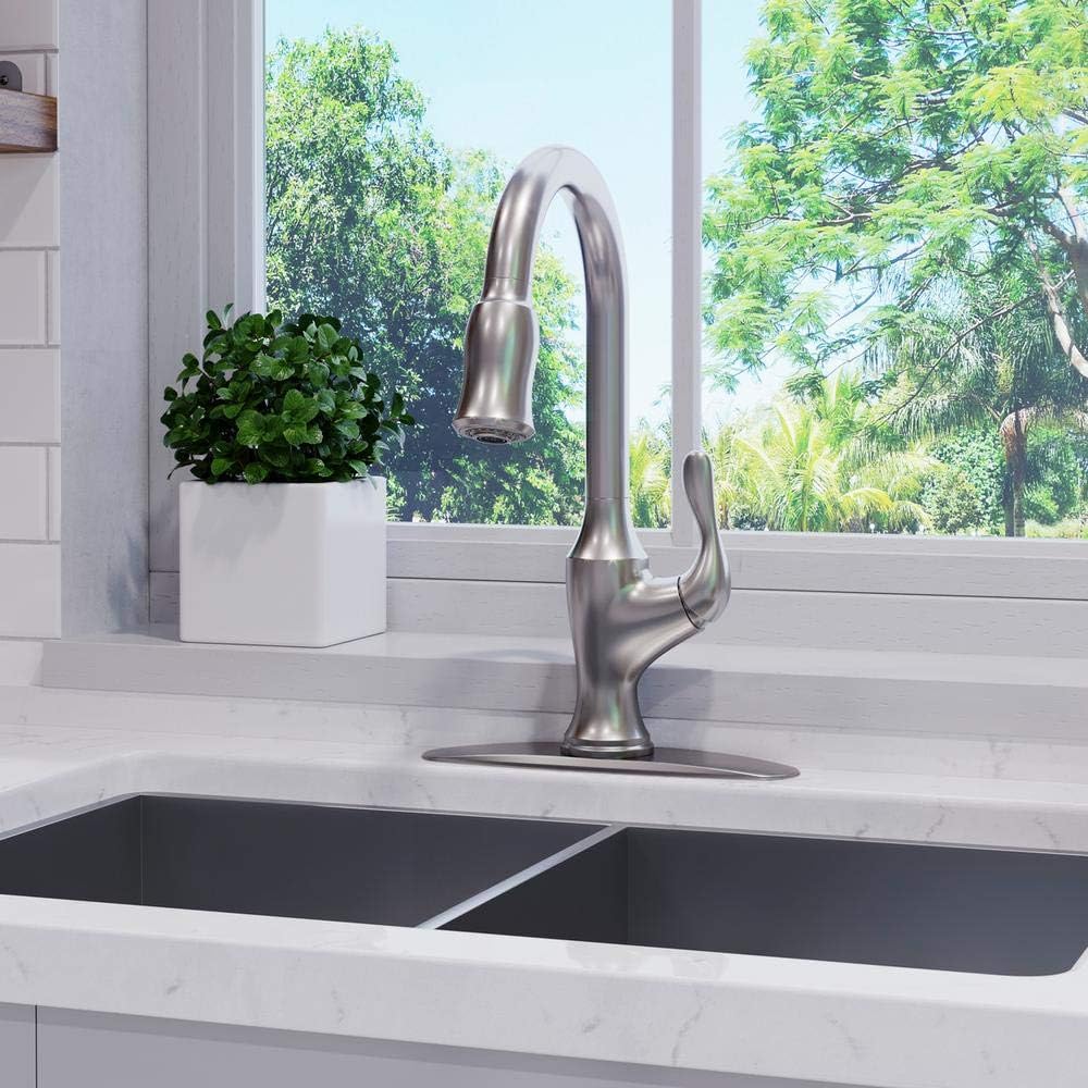 Pfister Deming Kitchen Faucet with Pull Down Sprayer and Soap Dispenser, Single Handle, High Arc, Spot Defense Stainless Steel Finish, F5297DMGS