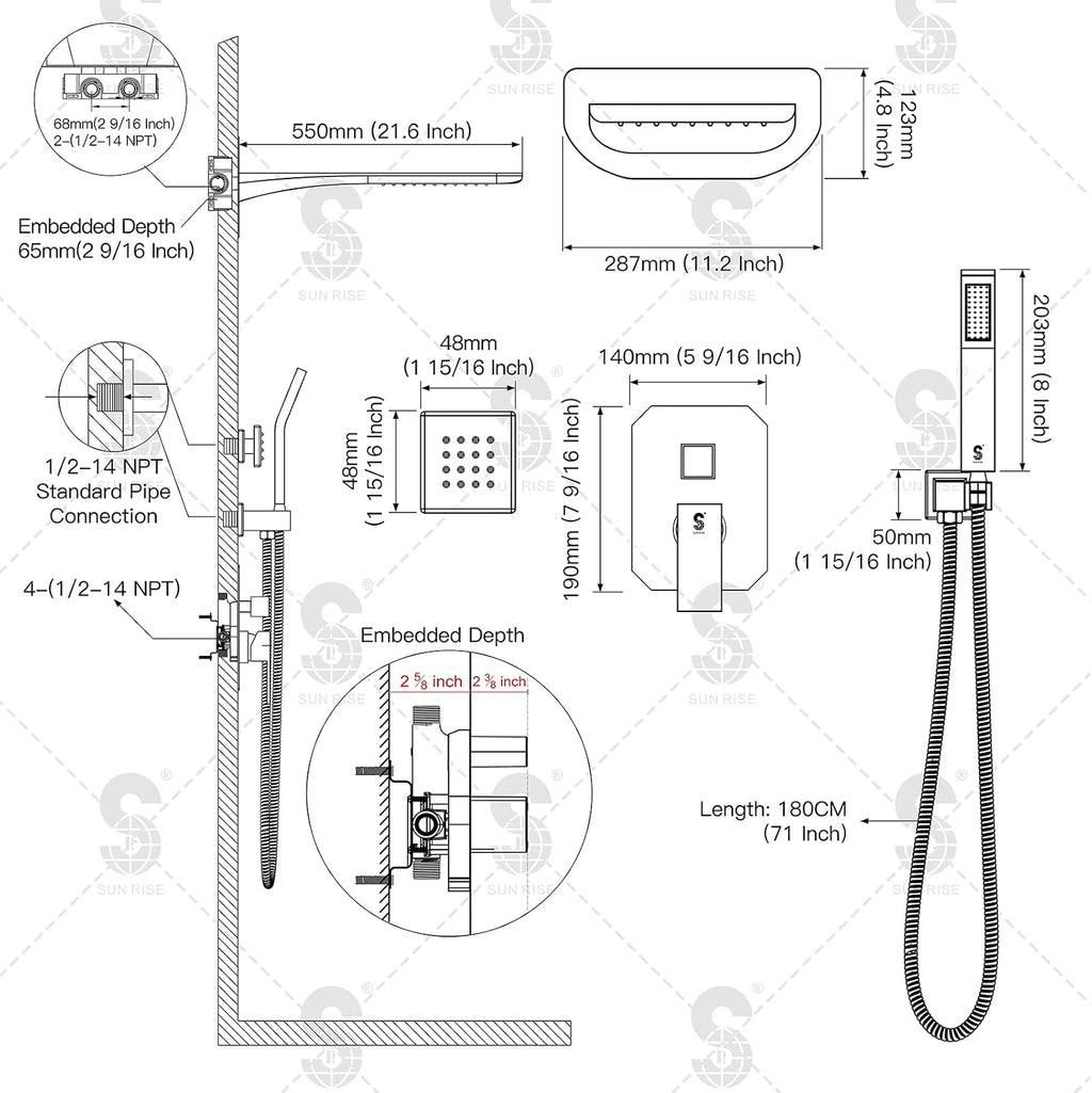 4-Function Waterfall Shower System with Body Jets, SR SUN RISE Full Body Rainfall Shower System with Handheld Shower Faucet Complete Sets, Wall Mounted Shower Fixture Set for Bathroom, Brushed Nickel