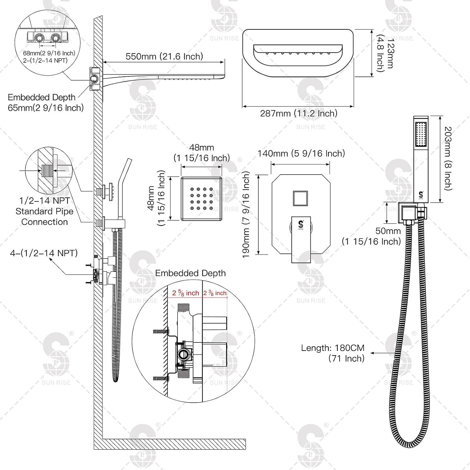 4-Function Waterfall Shower System with Body Jets, SR SUN RISE Full Body Rainfall Shower System with Handheld Shower Faucet Complete Sets, Wall Mounted Shower Fixture Set for Bathroom, Brushed Nickel