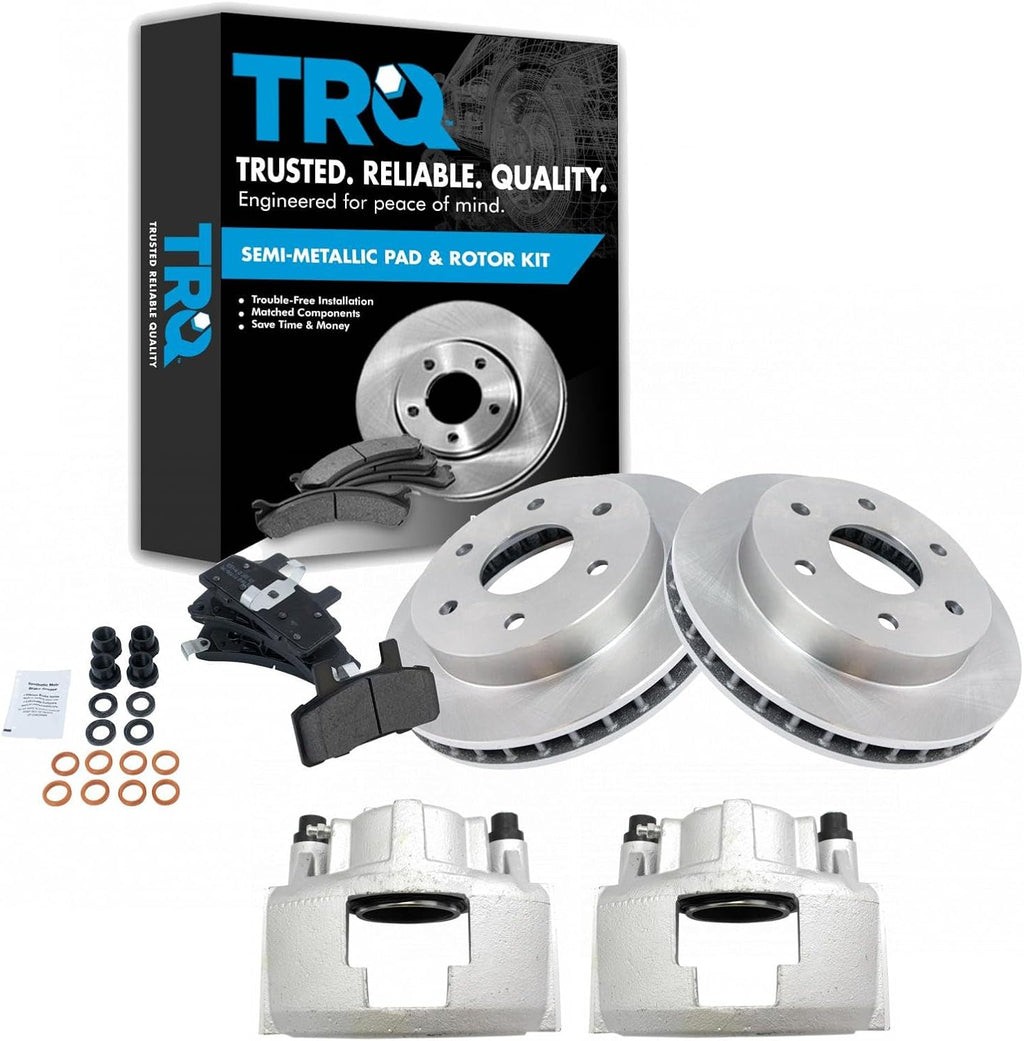 TRQ Front Brake Pad and Rotor Set Semi Metallic Vented Rotors Calipers Compatible with 1988-2000 Chevrolet K1500 K2500 Tahoe Suburban Blazer GMC K1500 K2500 Yukon Suburban 1999-2000 Cadillac Escalade