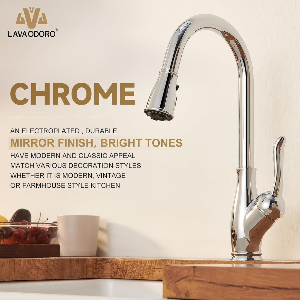 Lava Odoro Kitchen Faucet with Pull Down Sprayer, Chrome Kitchen Sink Faucet with Magnetic Docking Spray 3-Function, Faucet for Kitchen Sink 1 Hole and 3 Hole with Deck Plate, KF271-C