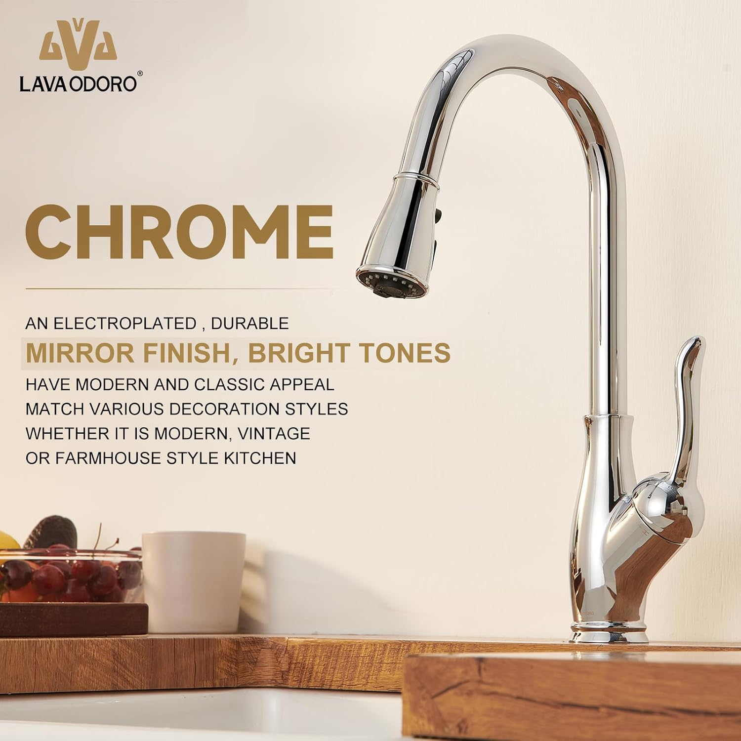 Lava Odoro Kitchen Faucet with Pull Down Sprayer, Chrome Kitchen Sink Faucet with Magnetic Docking Spray 3-Function, Faucet for Kitchen Sink 1 Hole and 3 Hole with Deck Plate, KF271-C