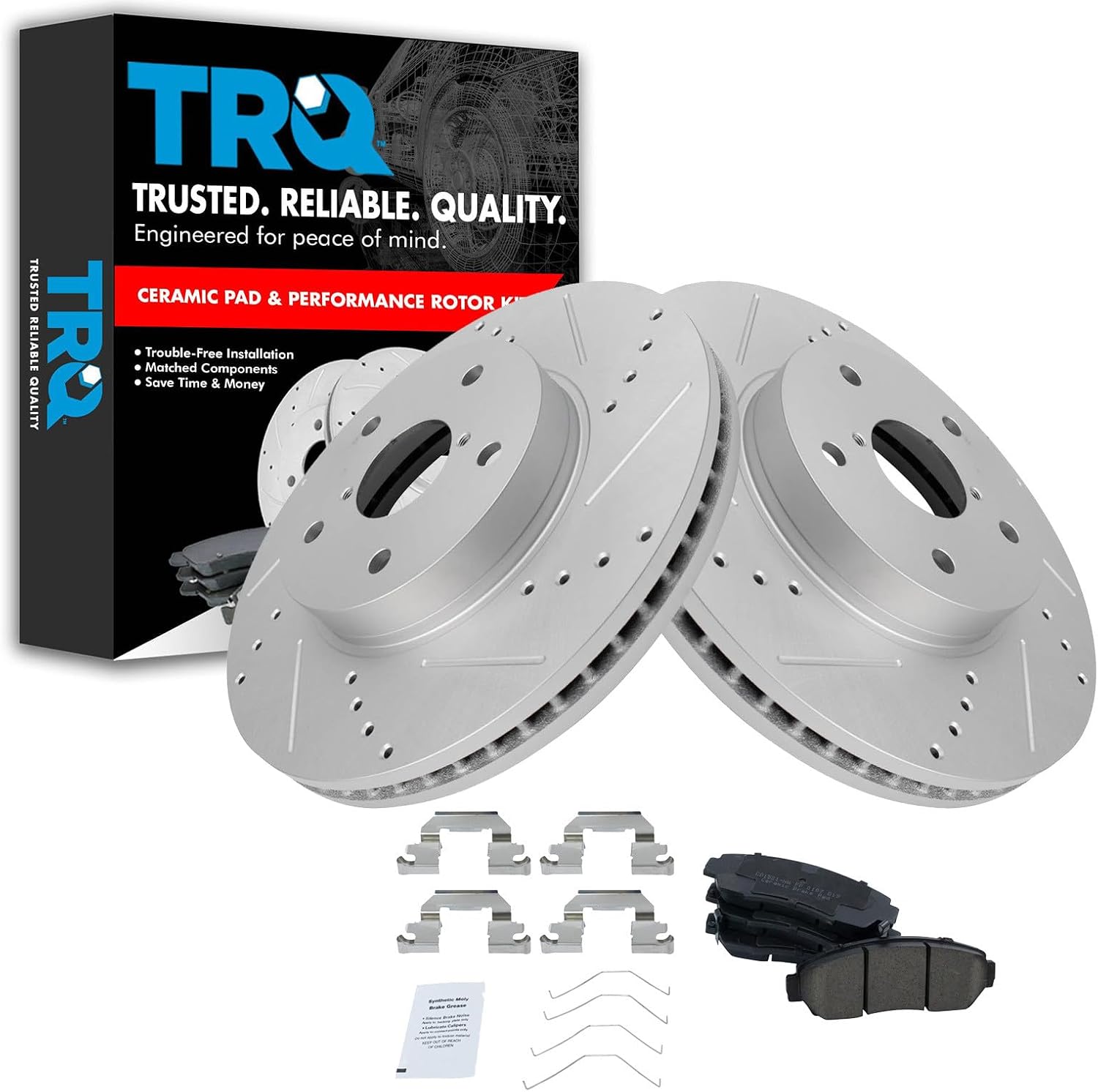 TRQ Performance Front Brake Pad and Rotor Set Ceramic G Coated Slotted Drilled Rotors Compatible with 2016-2019 Subaru Legacy
