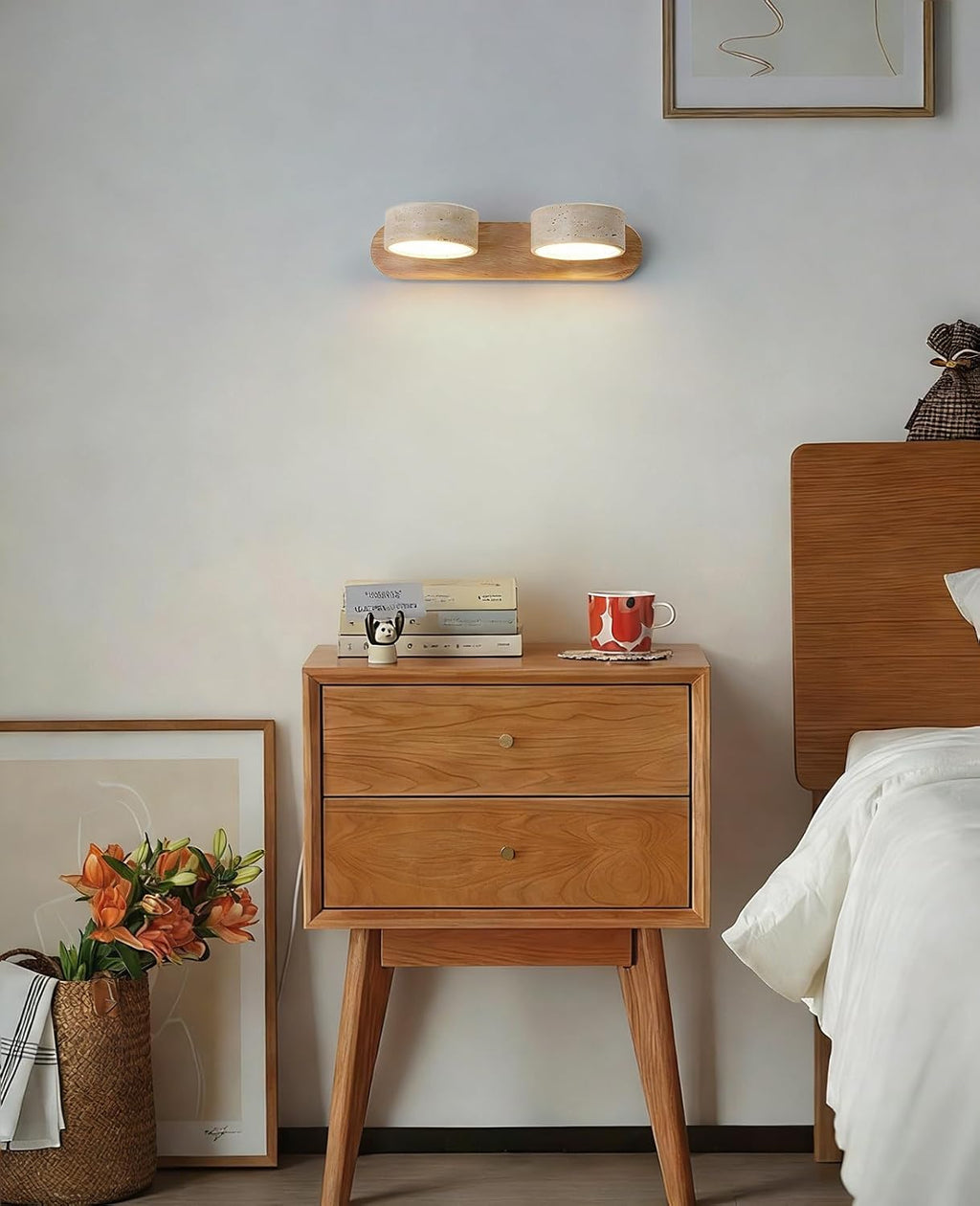 Natural Wood Vanity Light, 12.6 Inches Wabi Sabi Travertine Wall Sconce with 360° Rotatable Natural Stone Lampshade and Wooden Base Nordic Style Farmhouse Vanity Lights for Bathroom (2 Lights)
