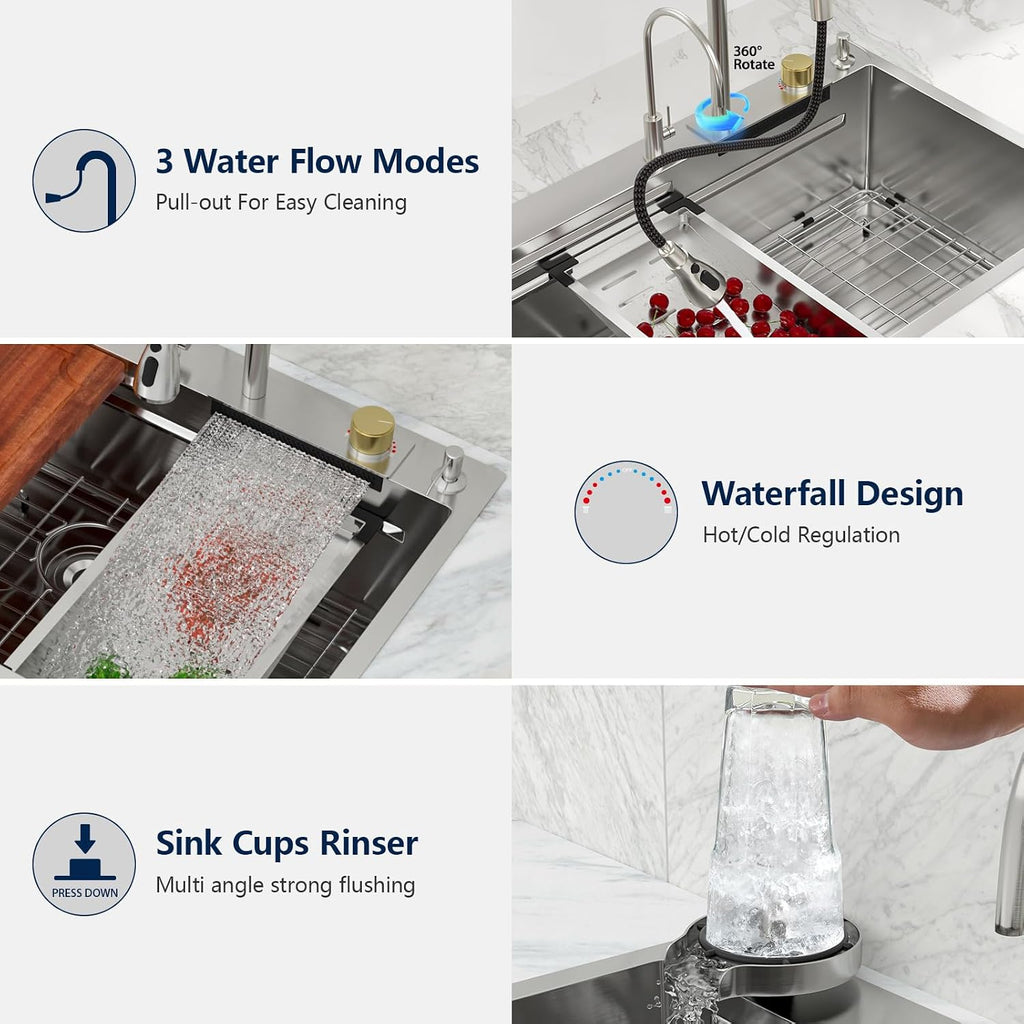 Logmey 36x22 Drop in Waterfall Sink Nano PVD All in One Workstation Sinks with Temperature Control Knob,16 Gauge Stainless Steel,Ideal for Home Cooking,Cleaning & Daily Kitchen Use,Double Step,5 Hole