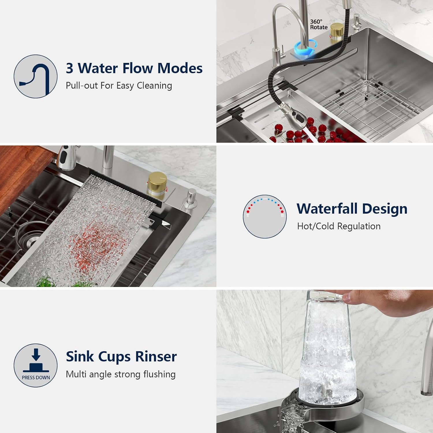 Logmey 36x22 Drop in Waterfall Sink Nano PVD All in One Workstation Sinks with Temperature Control Knob,16 Gauge Stainless Steel,Ideal for Home Cooking,Cleaning & Daily Kitchen Use,Double Step,5 Hole
