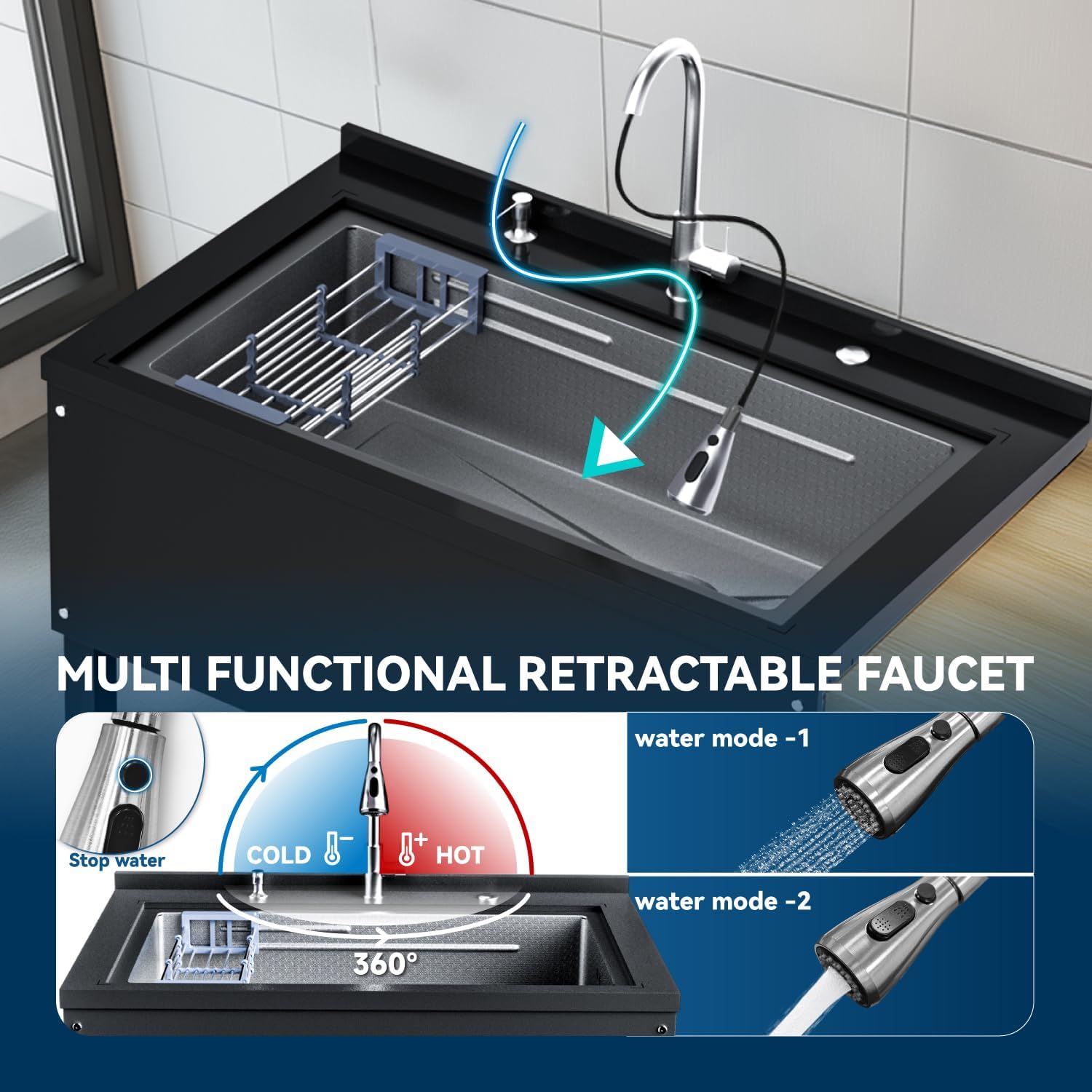 36' Freestanding Utility Sink, Heavy Duty Stainless Steel Laundry Room Sink for Garage, Outdoor Kitchen or Workshop, Modern Black Basin with Hot & Cold Water, Indoor/Outdoor Use (Black)