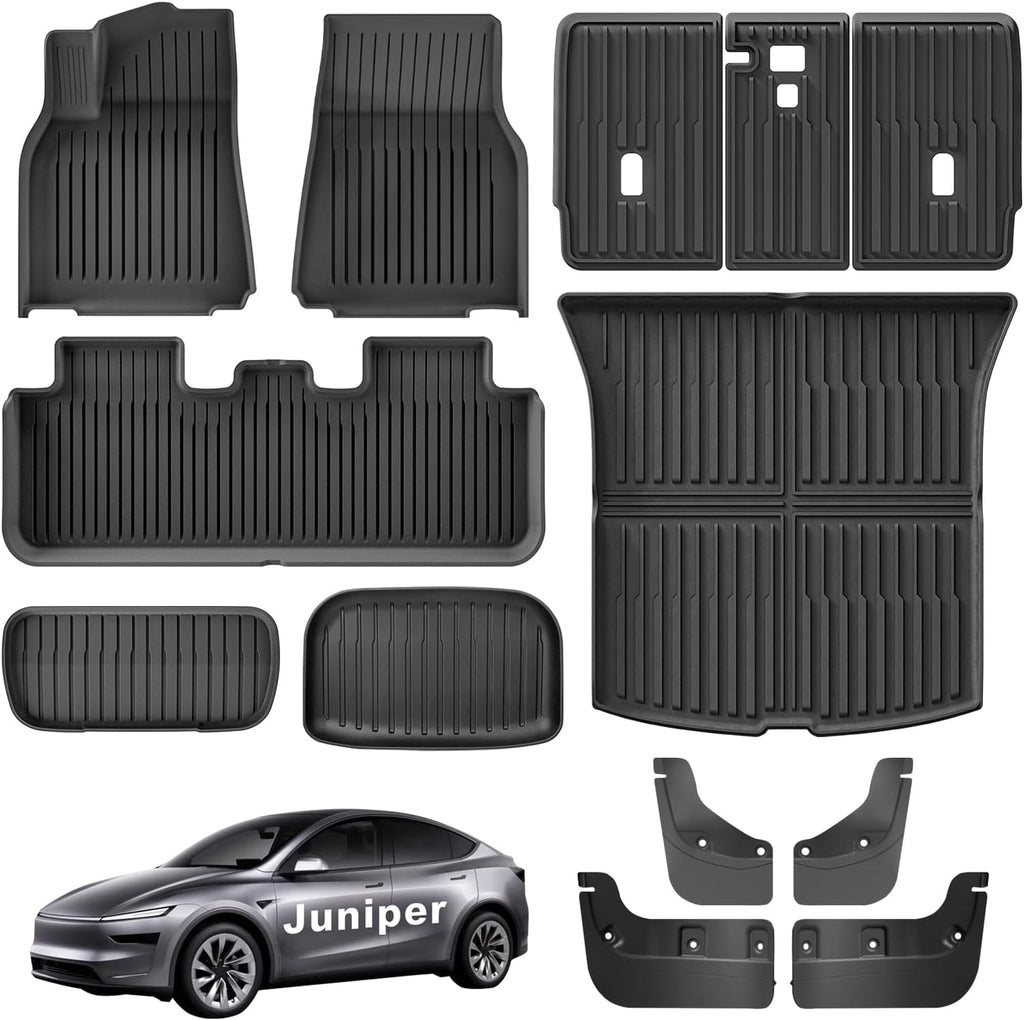 Weize Floor Mats for Tesla Model Y Juniper 2025-2026 All Weather 9Pcs Cargo Liners & 4Pcs Mud Flaps No-Drill Splash Guards Interior Accessories(Not for Standard)