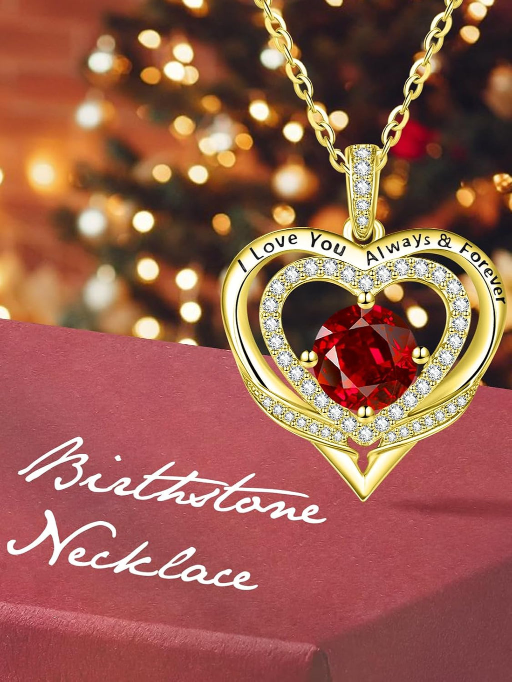 14K Gold Heart Necklaces for Women with Birthstone Pendant ，Double Hearts Necklace Jewelry Gift for Girlfriend Mom Anniversary Birthday Adjustable Chain 18' + 2' 'I Love You Always & Forever