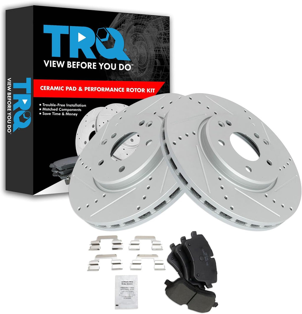 TRQ Performance Front Brake Pad & Rotor Set Ceramic Drilled Coated Rotors Compatible with 01-05 Mercedes-Benz C320 03-05 C240 CLK320 06-07 C280 C350 06-09 CLK350 06-08 SLK280 09-11 SLK300