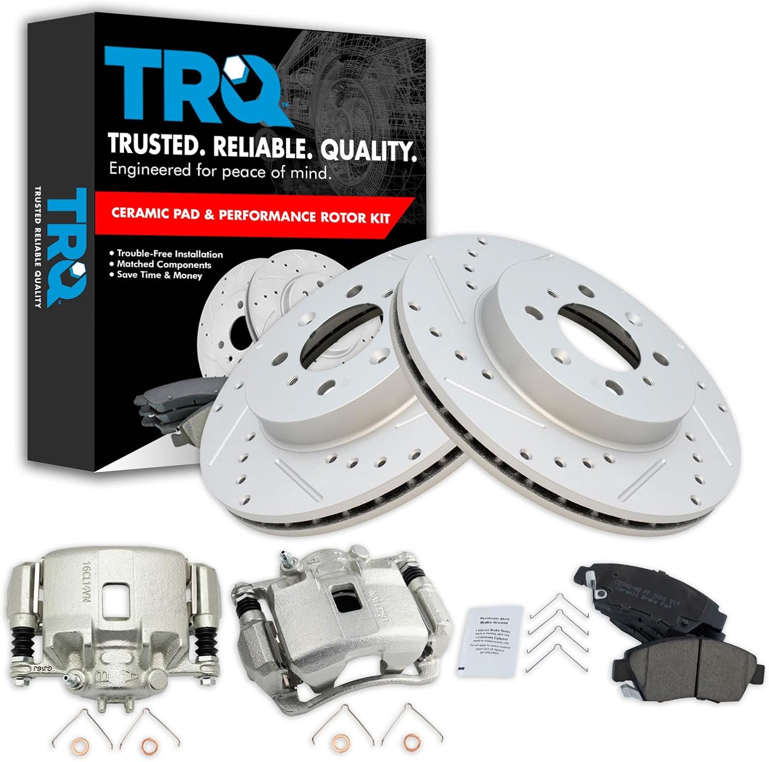 TRQ Performance Front Brake Pad and Rotor Set Ceramic Vented Coated Rotors Calipers Compatible with 2003-2005 Honda Civic