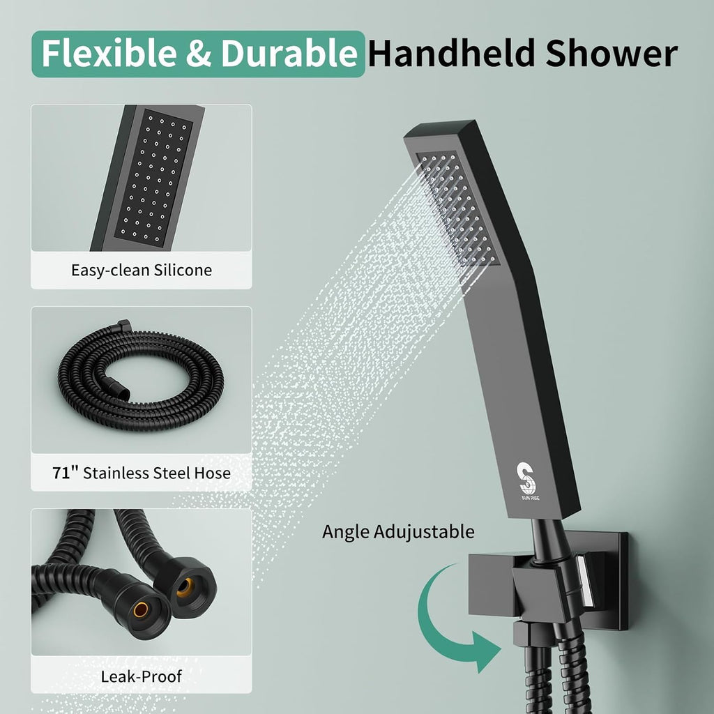 Shower Faucet Set Shower System - SR SUN RISE Matte Black Shower Trim Kit with Dual Shower Head, 10'' Ceiling Rainfall 6'' Wall Mount with Handheld Shower for Couples, Complete 6 Diverter Valve
