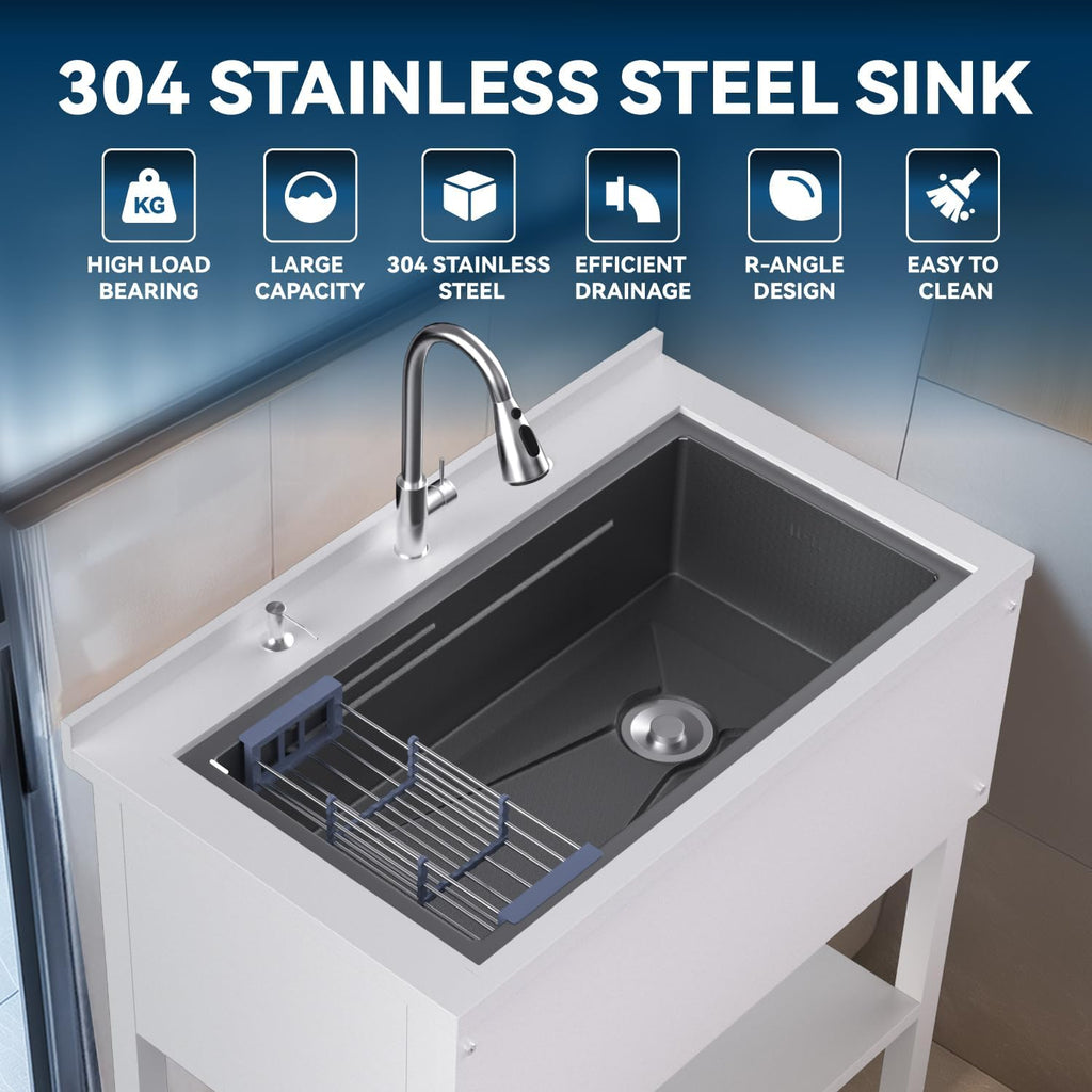 36' Freestanding Utility Sink, Heavy Duty Stainless Steel Laundry Room Sink for Garage, Outdoor Kitchen or Workshop, Modern Black Basin with Hot & Cold Water, Indoor/Outdoor Use (White)