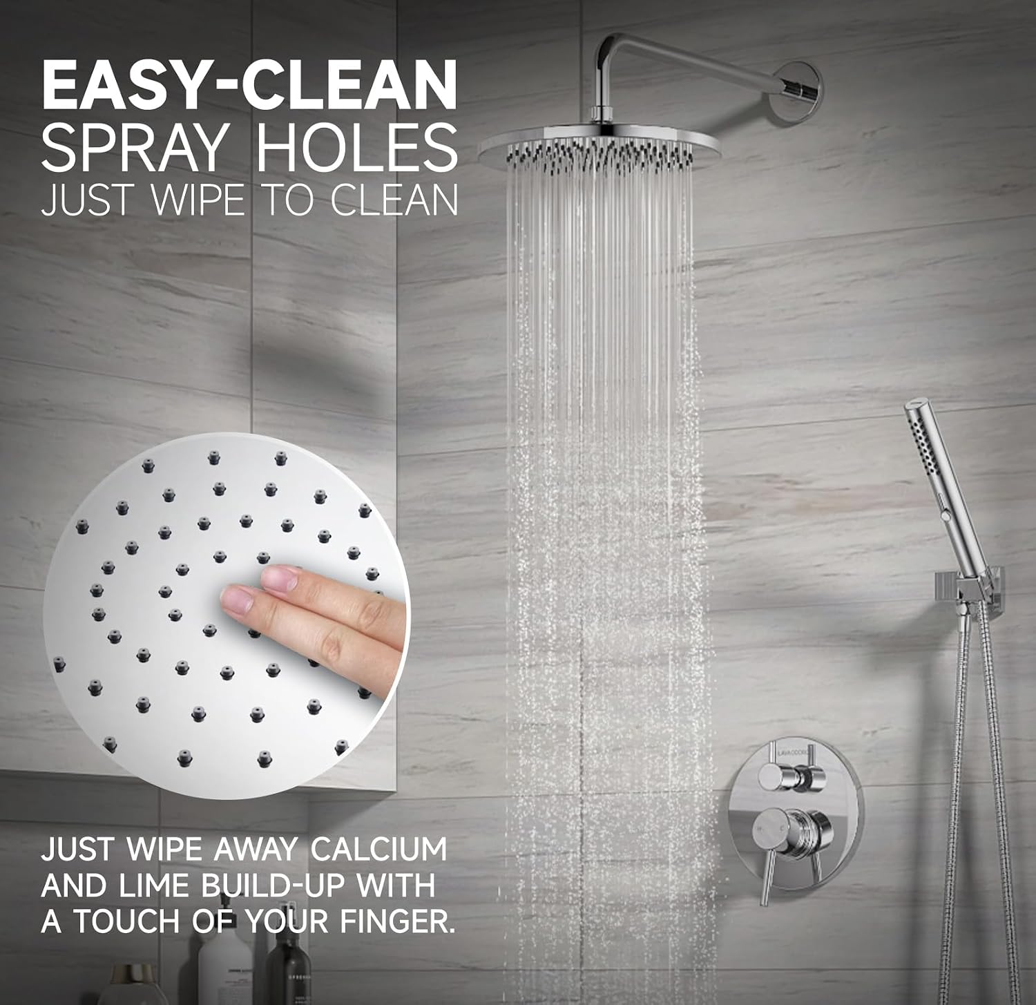 Lava Odoro Modern 2-Setting Round Rain Shower System with Handheld Spray, Chrome Rainfall Shower Faucet Set Rain Shower Head and Handle Set, Shower Valve Trim Kit,10 Inch, Chrome, SF104-C