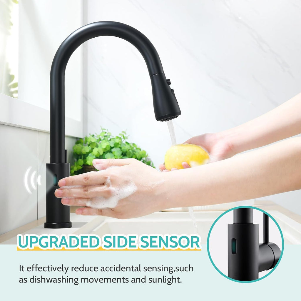 Kicimpro Black Touchless Kitchen Faucet with Pull Down Sprayer Single Handle, Side Motion Sensor Kitchen Touchless Faucet with Water Lines, Two Modes Matte Black Touchless Faucet for Kitchen Sink